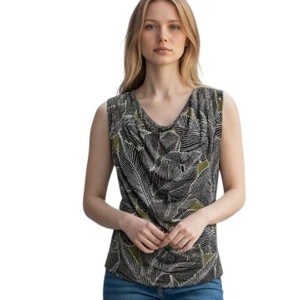 Grayson Drapey Sleeveless Top Womens XS Black Olive Tropical Leaf Shell Career